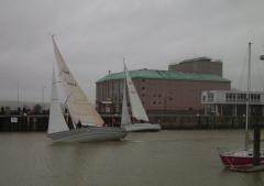 Draig takes line honours in front of Flair II. photo: Phil Samways