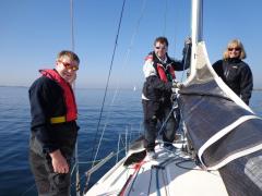 New crew Pierrick with Dave and Rima aboard Saskia VII