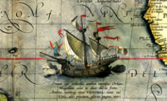 The Nao Victoria on a map of 1590