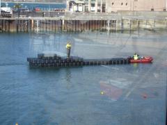 Pontoon sections being towed down the harbour