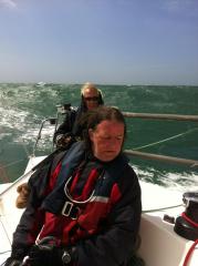 Adrian keeps an eye on the GPS as Saskia smokes downwind from the Shambles