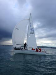 J24 - Bob Turner demonstrates the Hokey Cokey school of foredeck work